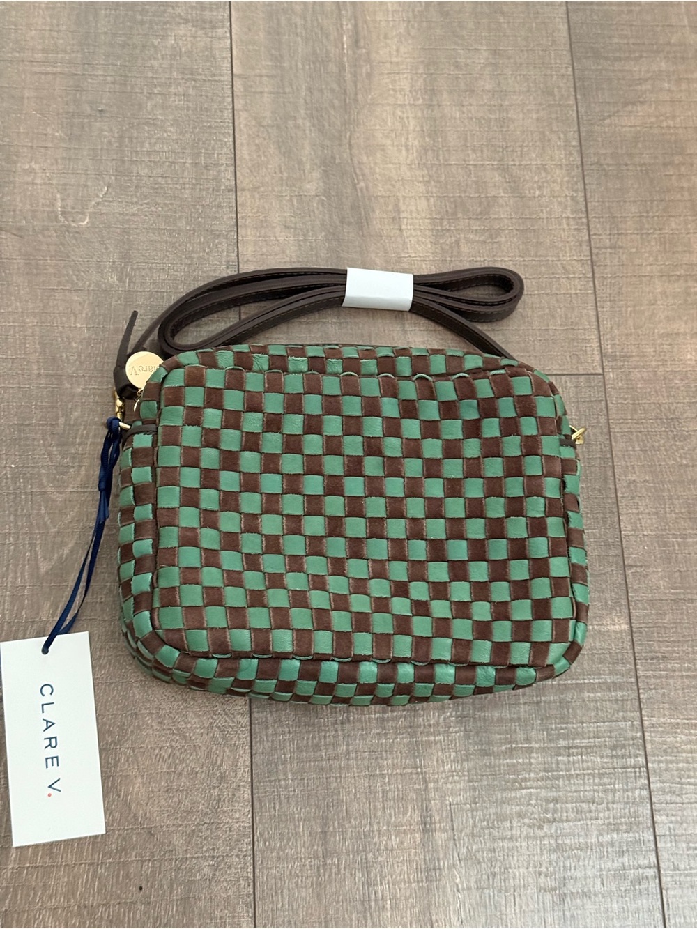 Clare V Brown and Green Woven Checkerboard Crossbody - Picture 2 of 8